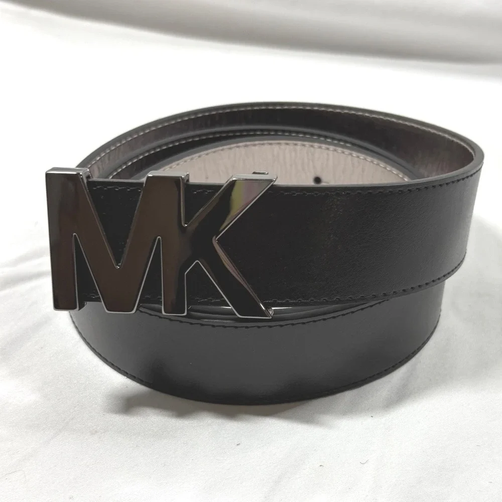Michael Kors Mens Black Synthetic Leather MK Logo Plaque Belt XL 552991 Gunmetal